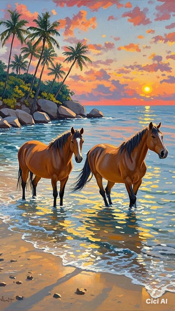 Paint by Numbers – Two Horses in the Sea at Sunset