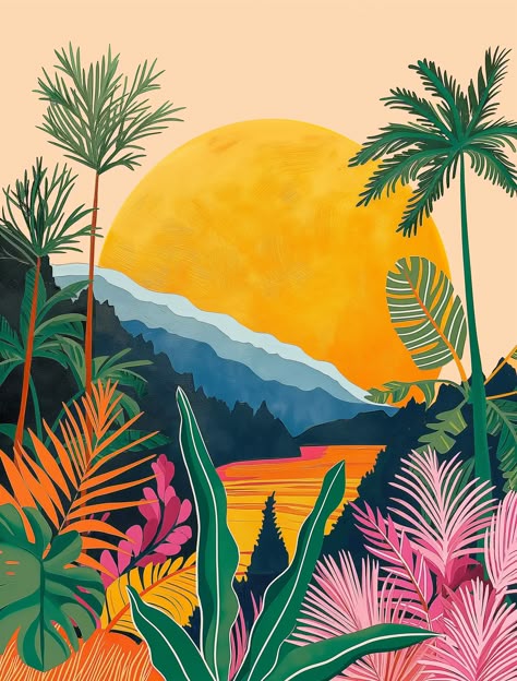 Paint by Numbers – Tropical Sunset with Mountains and Colourful Foliage