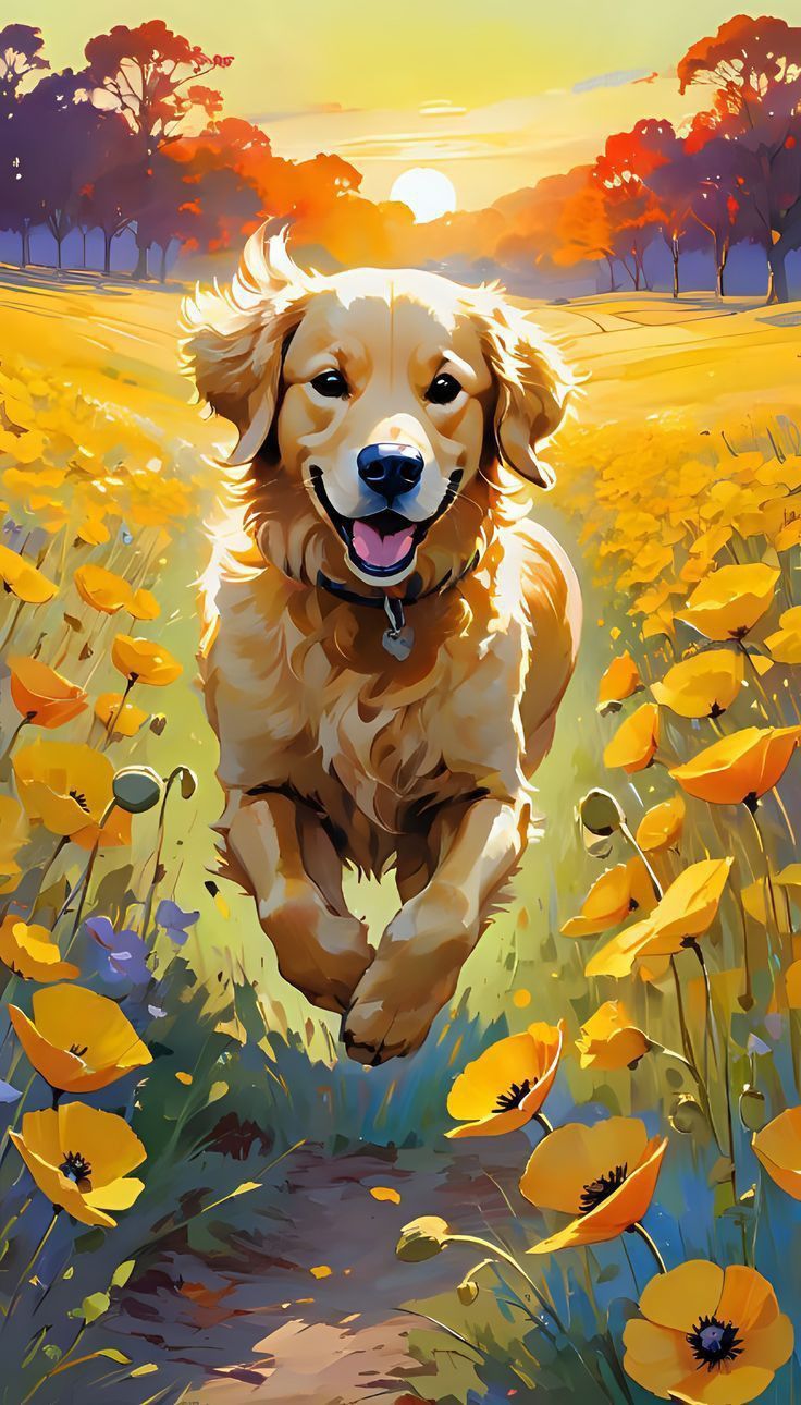 Paint by Numbers – Dog Running Through a Sunset Flower Field