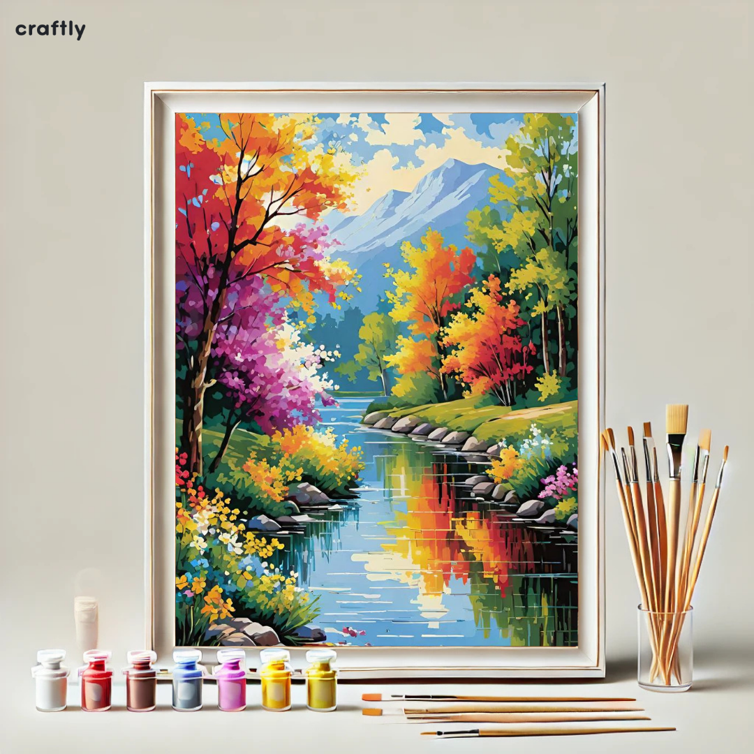 Paint by Numbers – Colourful Autumn Landscape with River and Mountains