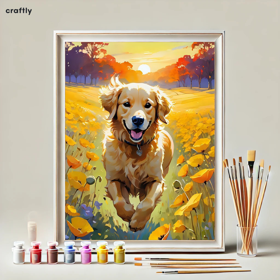 Paint by Numbers – Dog Running Through a Sunset Flower Field