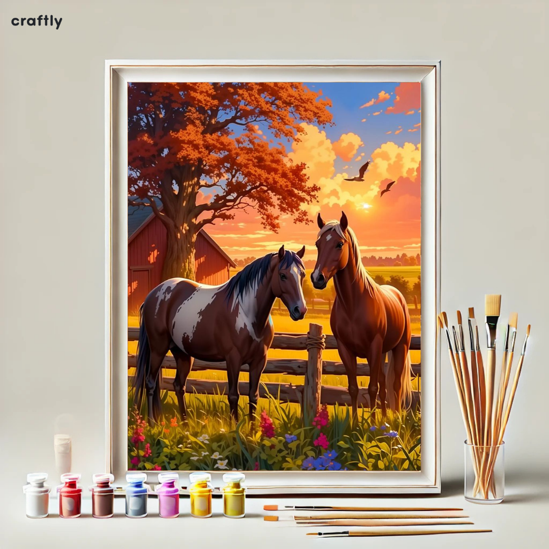 Paint by Numbers – Two Horses on a Sunset Farm