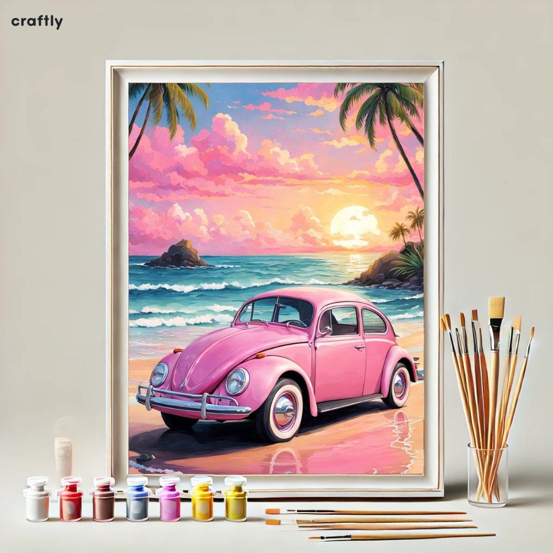 Paint by Numbers – Pink Beetle on a Tropical Beach at Sunset