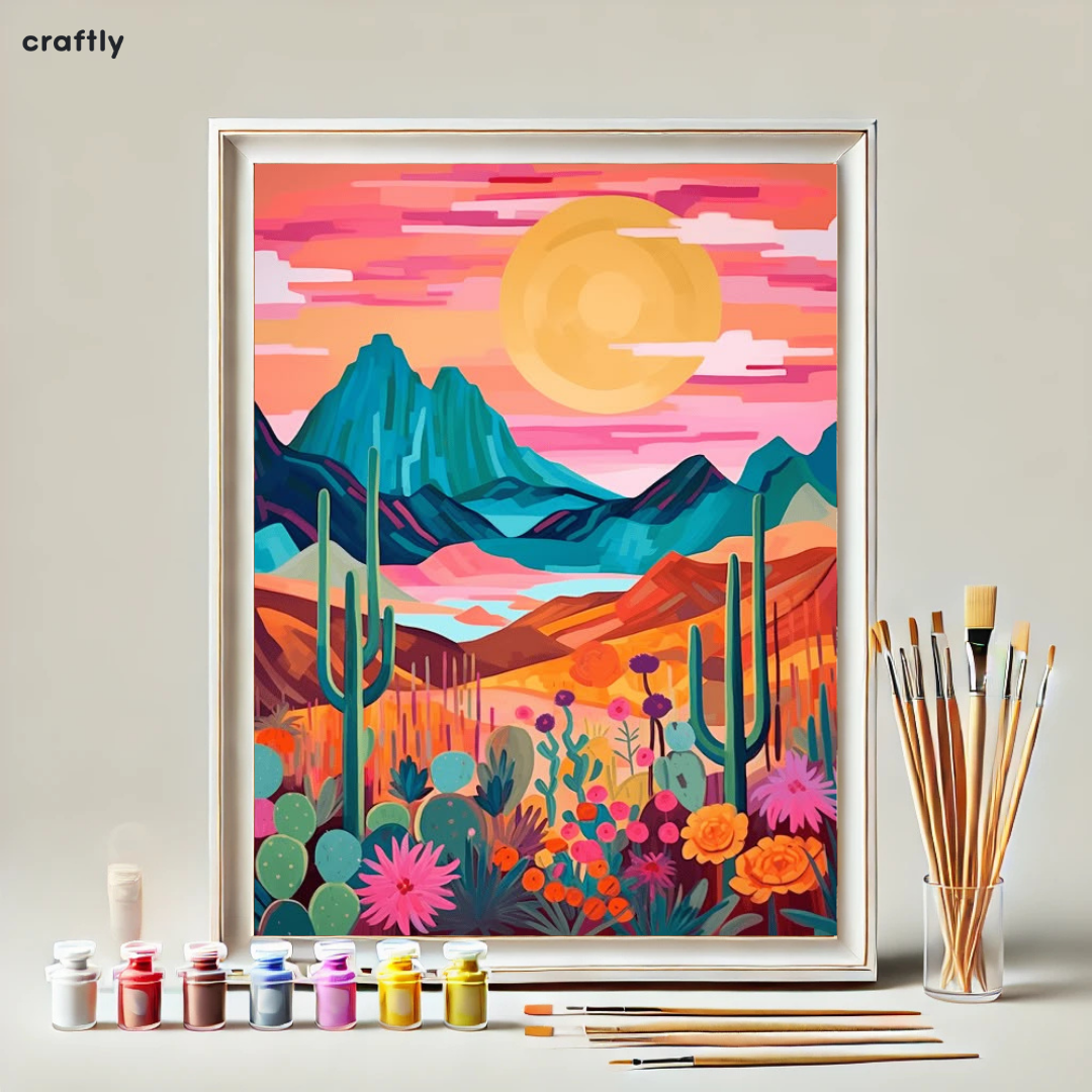Paint by Numbers – Colourful Desert Scene with Cacti and Mountains
