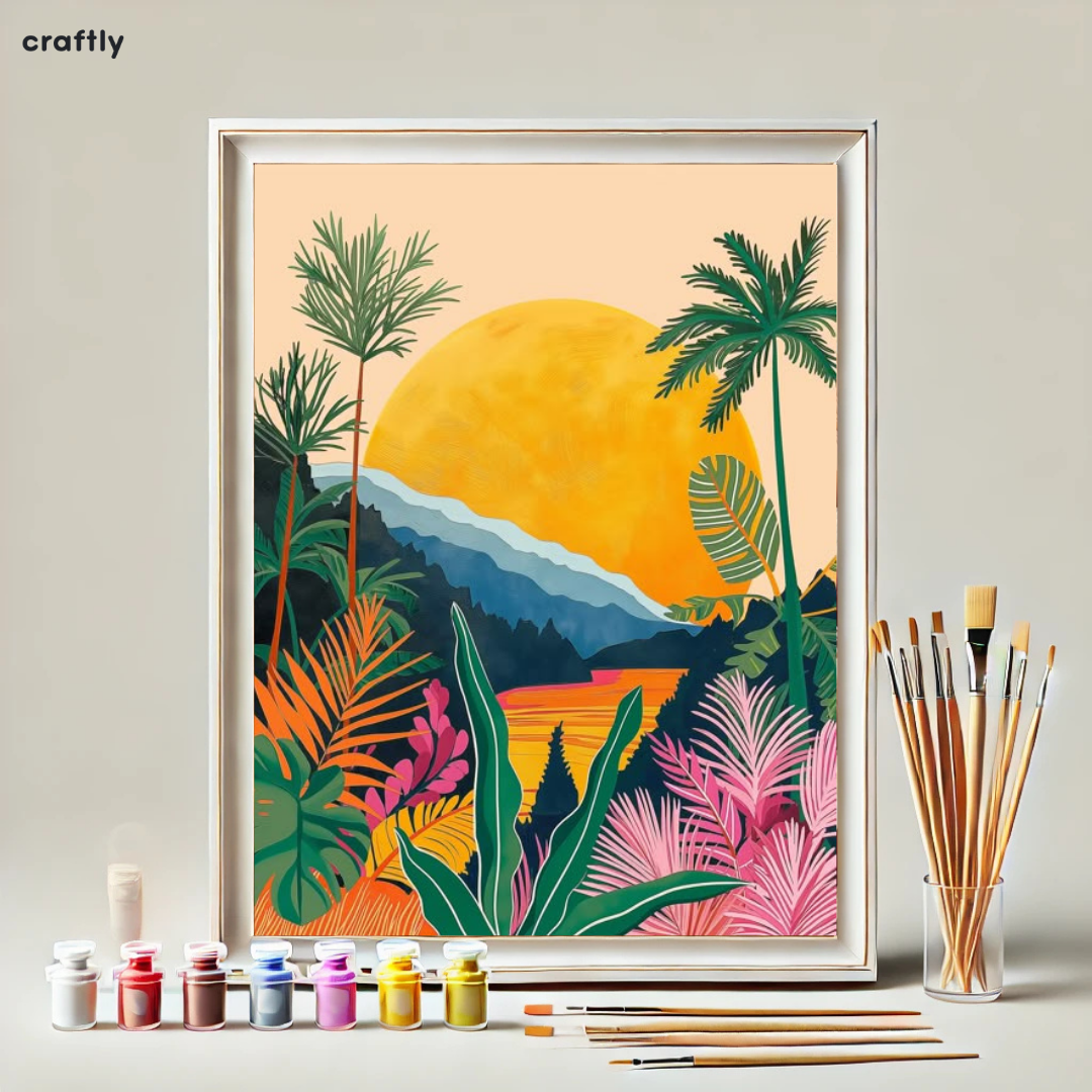 Paint by Numbers – Tropical Sunset with Mountains and Colourful Foliage