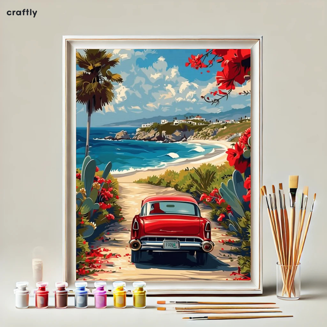Paint by Numbers – Classic Car Driving to a Tropical Beach