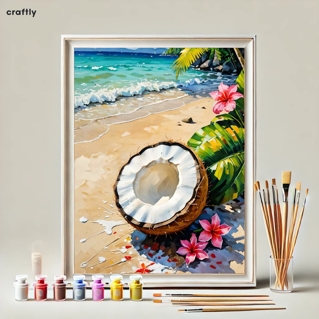 Paint by Numbers – Tropical Beach with Coconut and Exotic Flowers