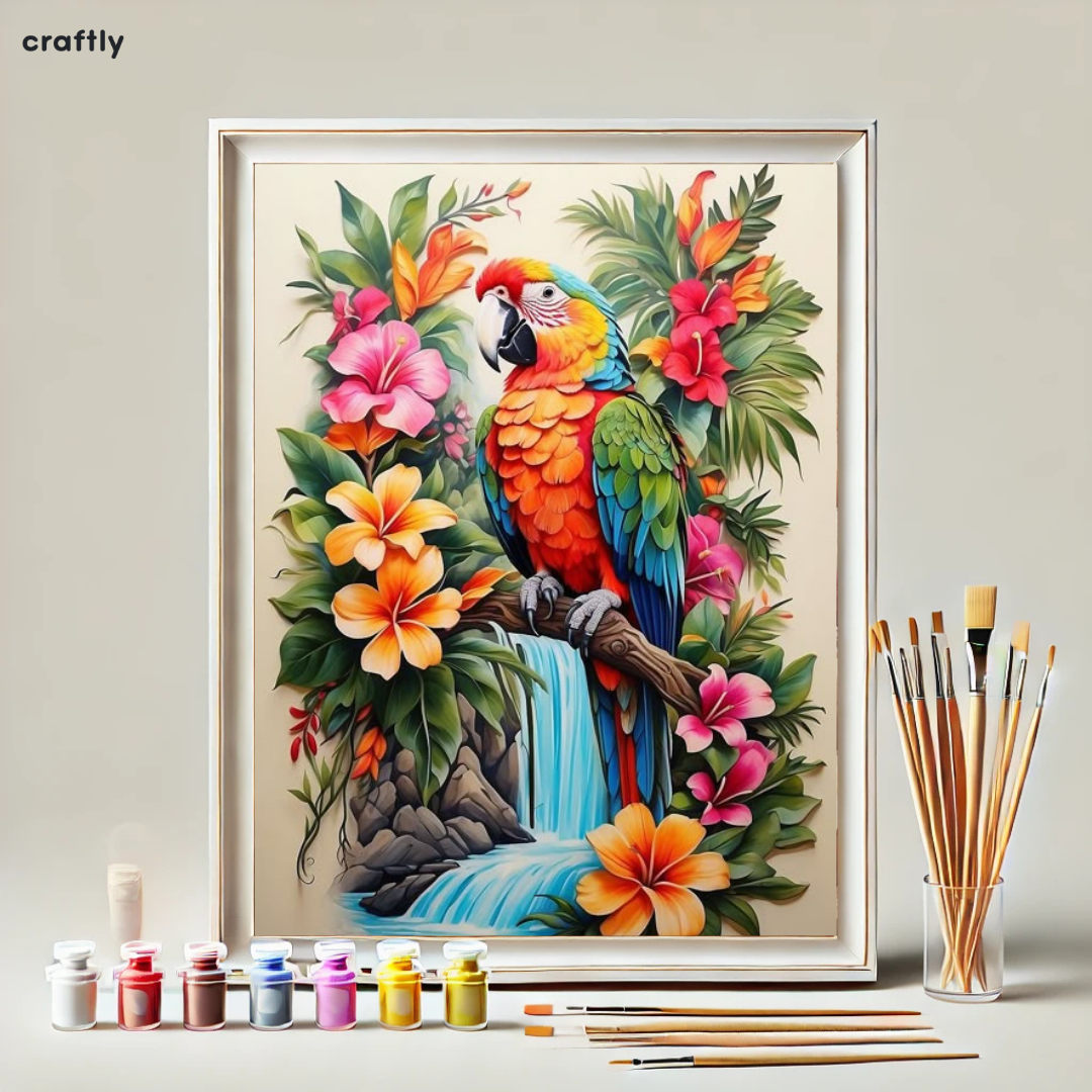 Paint by Numbers – Colourful Parrot with Magical Waterfall and Exotic Flowers