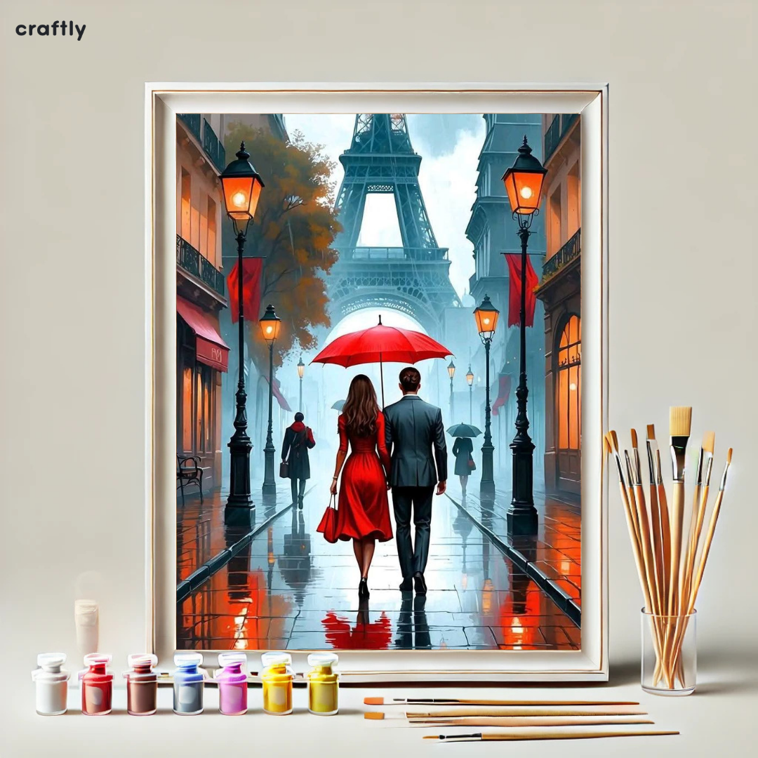 Paint by Numbers – Couple in Paris Under a Red Umbrella