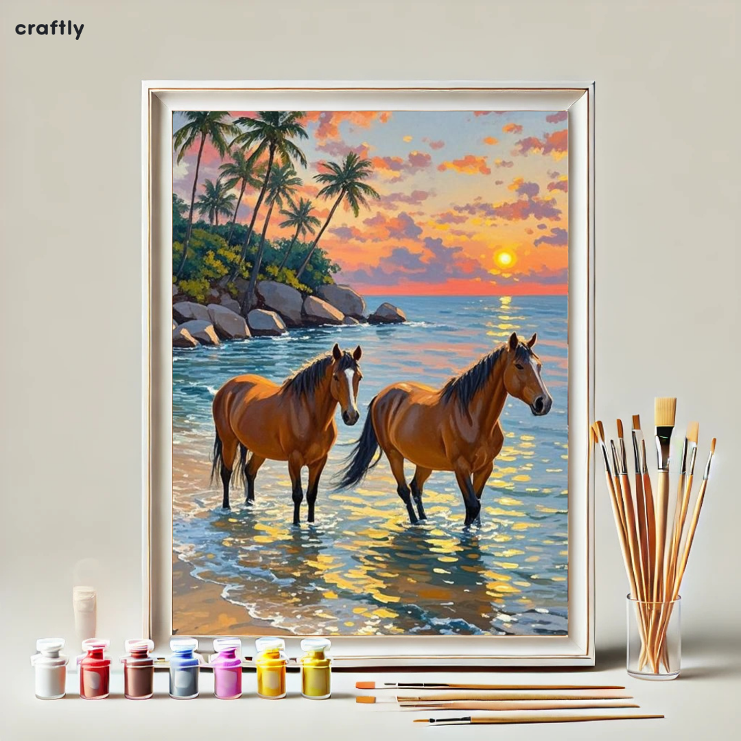 Paint by Numbers – Two Horses in the Sea at Sunset
