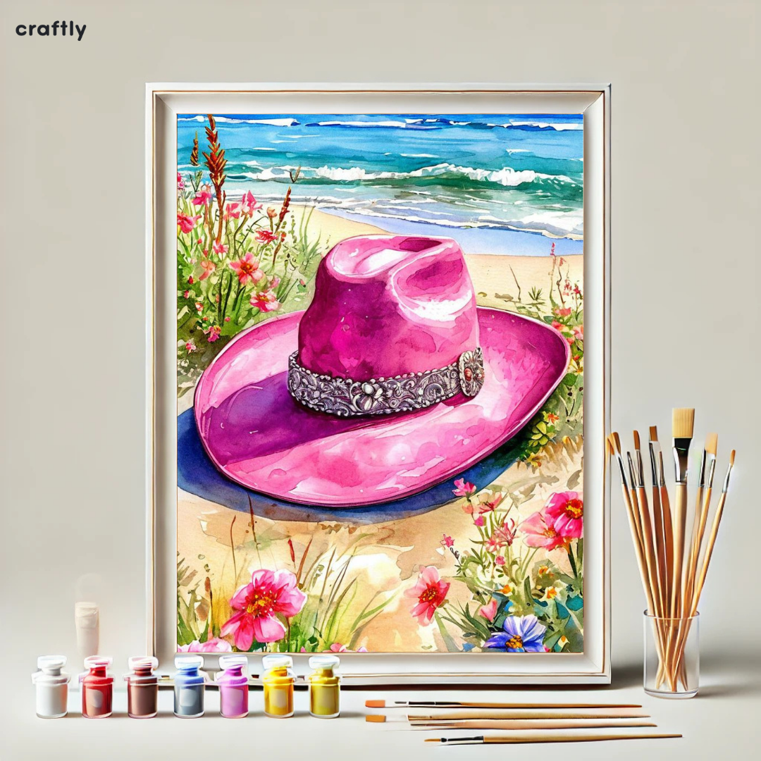 Paint by Numbers – Pink Cowboy Hat on the Beach