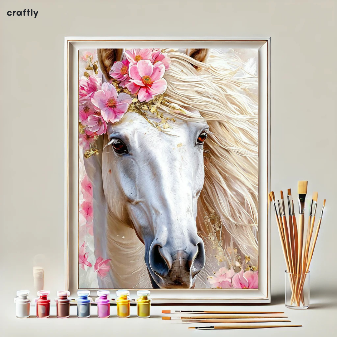Paint by Numbers – White Horse in Spring Bloom