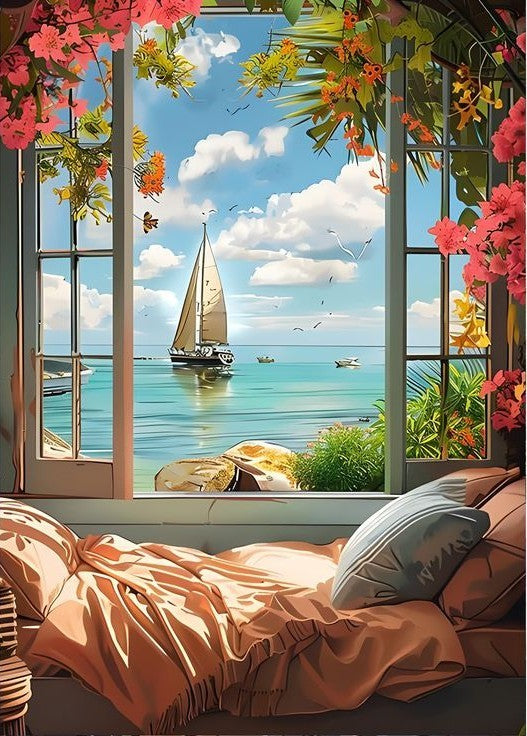 Paint by Numbers – Sea View with Flowers Through the Window