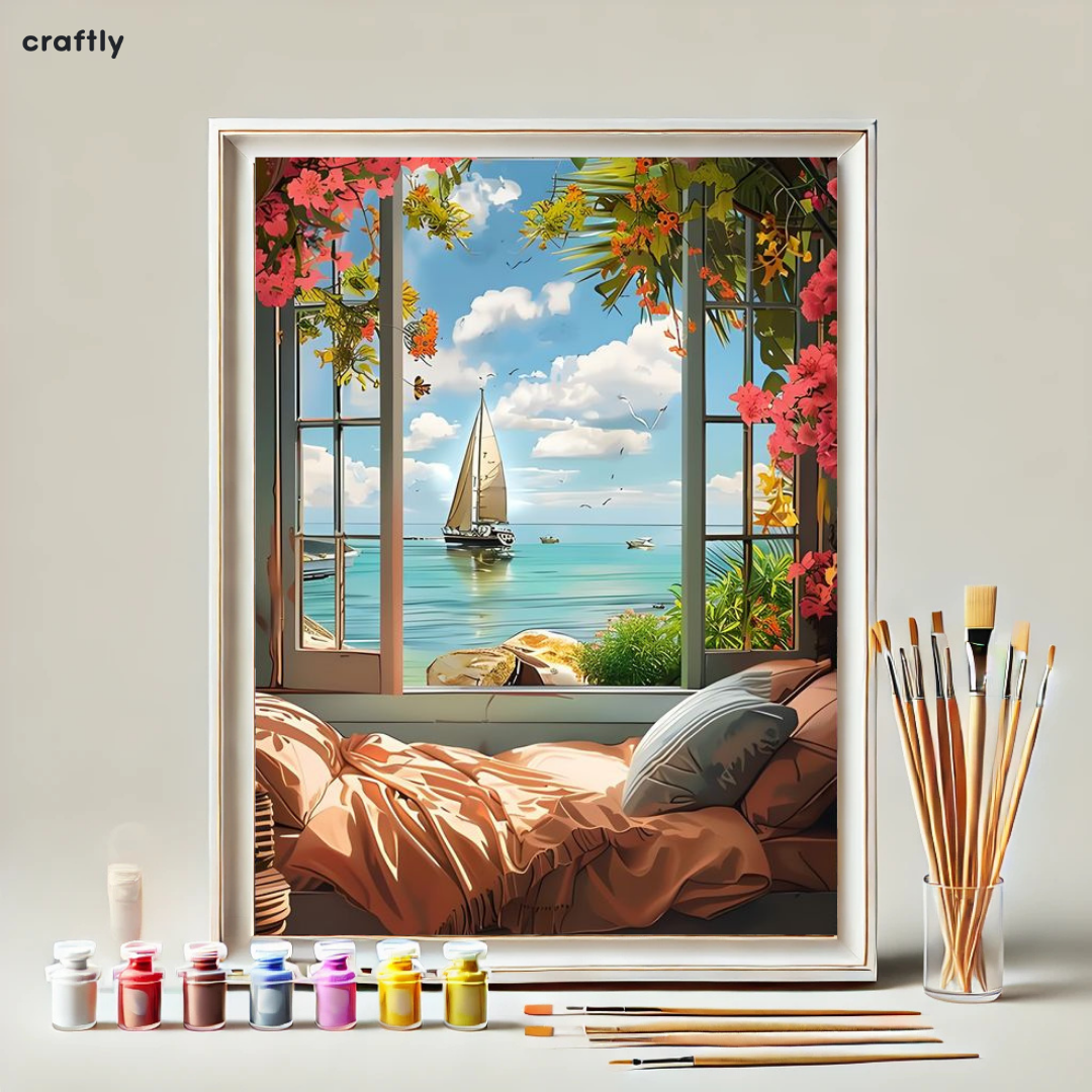 Paint by Numbers – Sea View with Flowers Through the Window