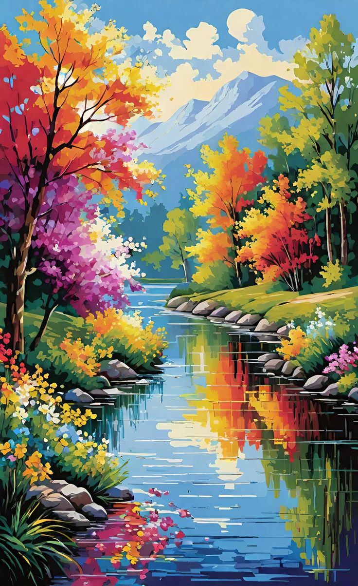 Paint by Numbers – Colourful Autumn Landscape with River and Mountains