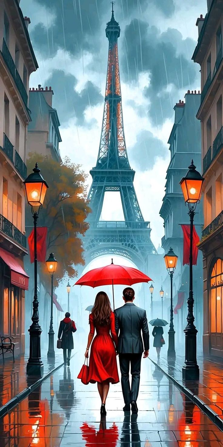 Paint by Numbers – Couple in Paris Under a Red Umbrella