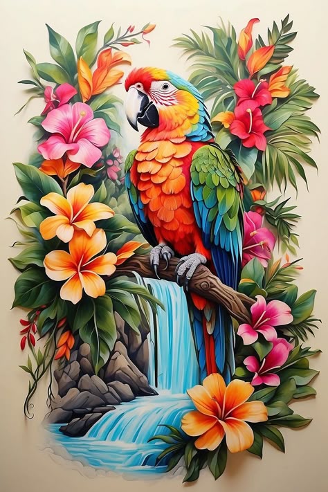 Paint by Numbers – Colourful Parrot with Magical Waterfall and Exotic Flowers