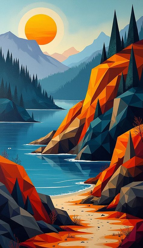 Paint by Numbers – Geometric Mountain Landscape at Sunset