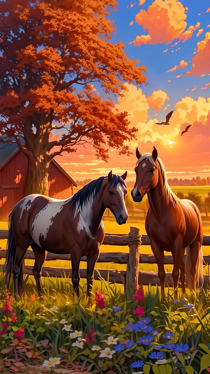 Paint by Numbers – Two Horses on a Sunset Farm