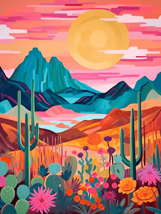 Paint by Numbers – Colourful Desert Scene with Cacti and Mountains